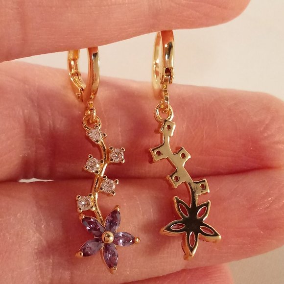 18K Yellow Gold Filled Flower Leaf Diamond Zircon Dangle Earrings Party Gift - Picture 3 of 4